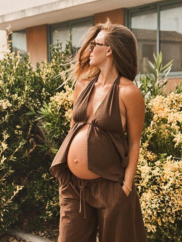 Chic Daily Drawstring Backless Side Slit Tie Back Two Piece Vacation Maternity Tank Top Pant for Maternity