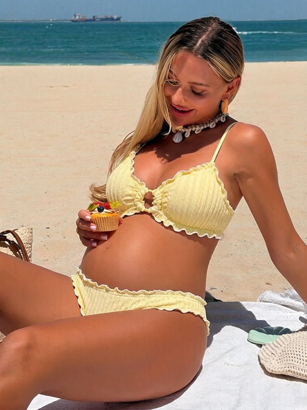 Chic Bikini Falbala Cut Out Spaghetti Strap Striped Ruched Two Piece Maternity Swimwear for Maternity