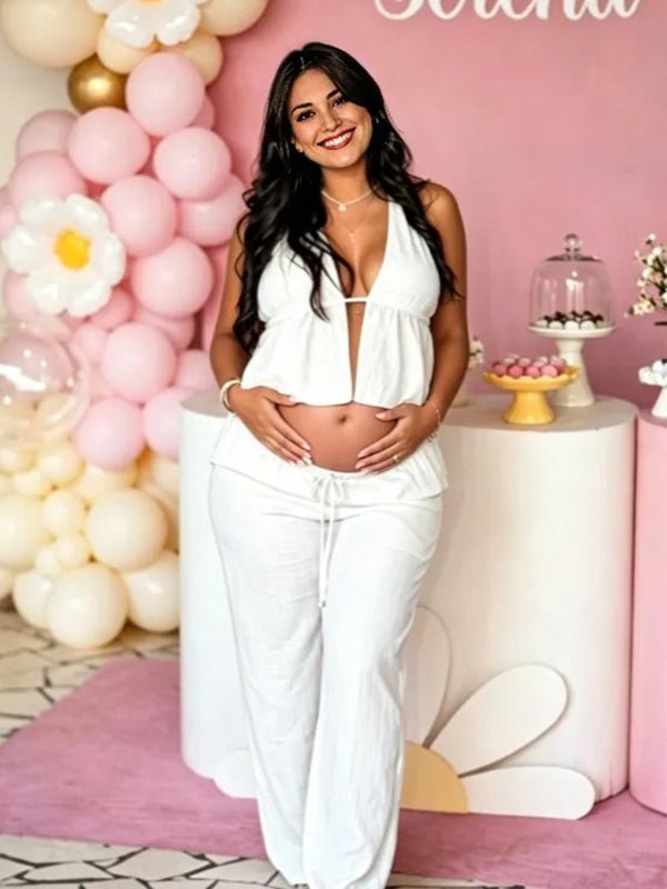 Elegant White Halter Neck Lace-up Two Piece Maternity Tank Top Wide Leg Pant for Maternity