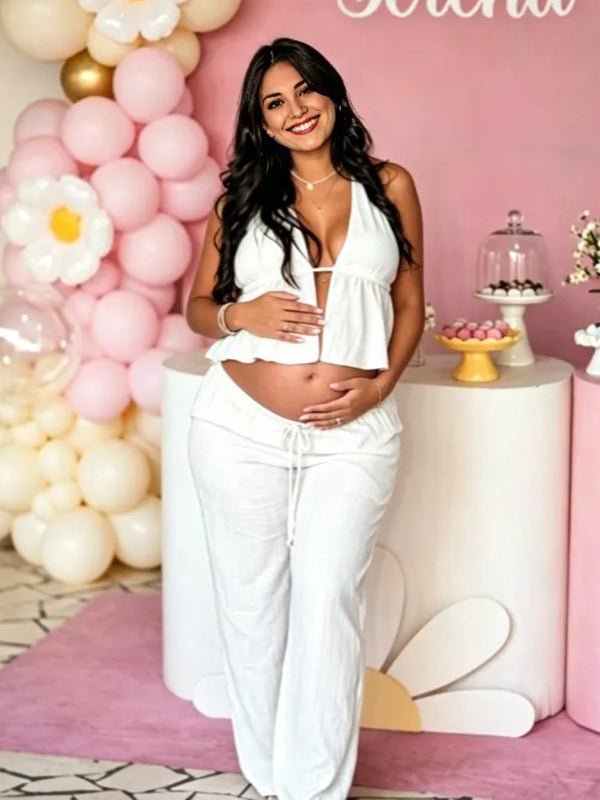 Elegant White Halter Neck Lace-up Two Piece Maternity Tank Top Wide Leg Pant for Maternity