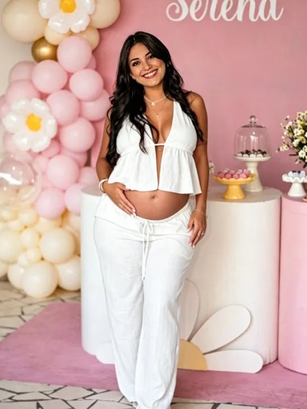 Elegant White Halter Neck Lace-up Two Piece Maternity Tank Top Wide Leg Pant for Maternity