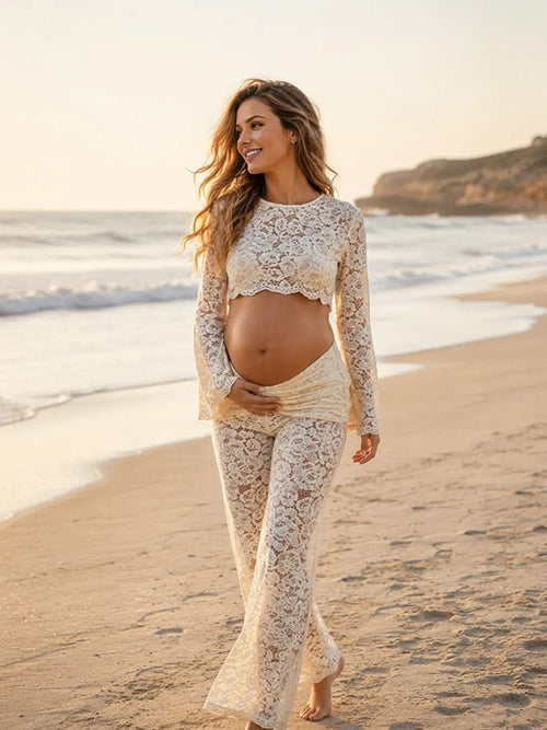 Apricot Chic Lace Backless Two Piece Maternity Top Pant for Maternity