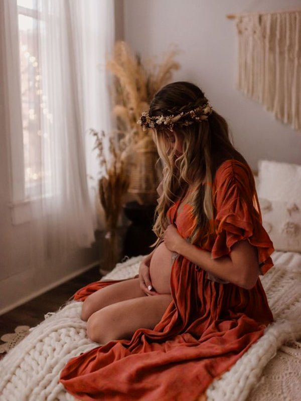 Red Drawstring Single Breasted Ruffle Tie Back Maternity Photoshoot Maxi Dress for Maternity
