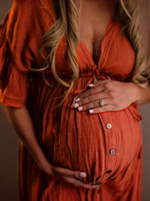 Red Drawstring Single Breasted Ruffle Tie Back Maternity Photoshoot Maxi Dress for Maternity
