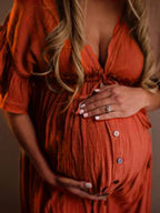 Red Drawstring Single Breasted Ruffle Tie Back Maternity Photoshoot Maxi Dress for Maternity