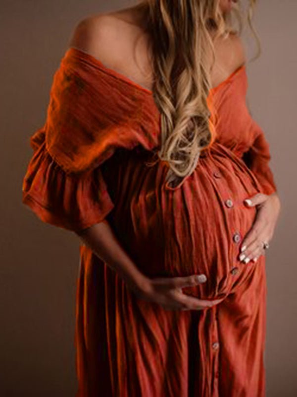 Red Drawstring Single Breasted Ruffle Tie Back Maternity Photoshoot Maxi Dress for Maternity
