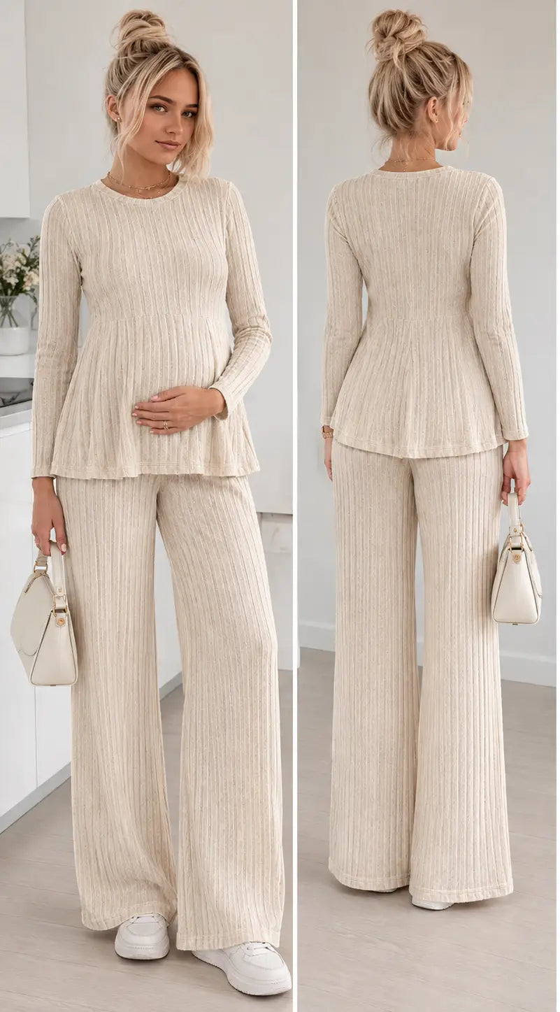 Maternity Knitted Long Sleeve Top and Wide Leg Pants Set, Autumn Winter Casual 2-Piece Outfit
