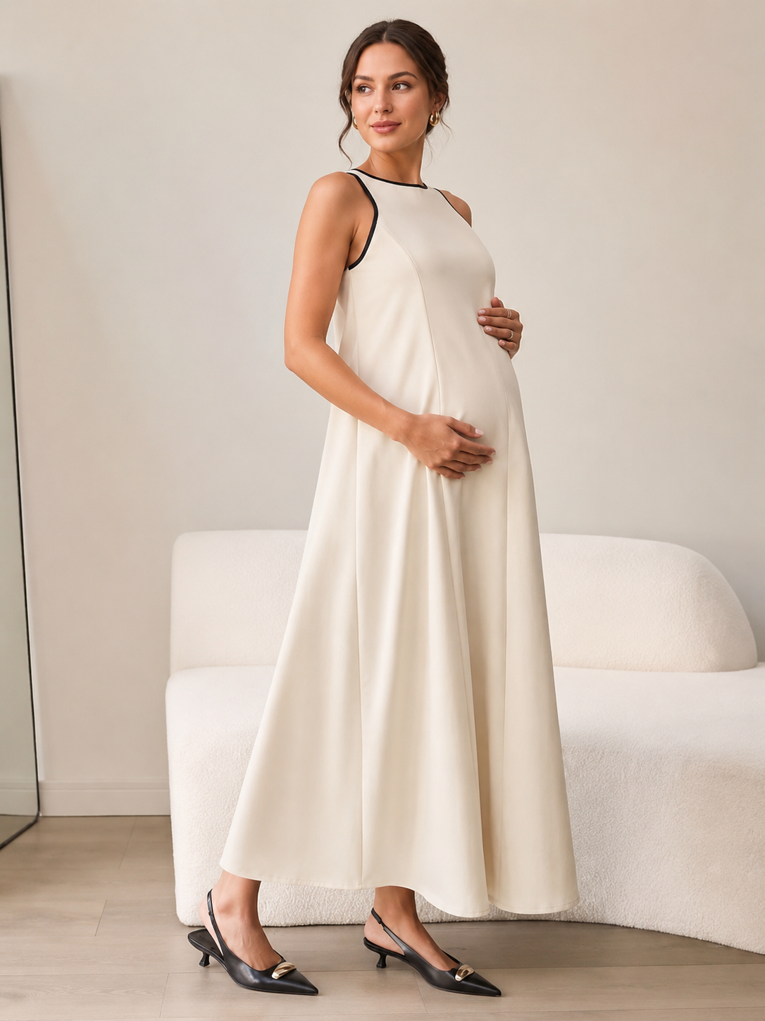 Maternity Summer Sleeveless Tank Maxi Dress – Loose A-Line Flowy Beach Dress with Contrast Trim - Momymoments