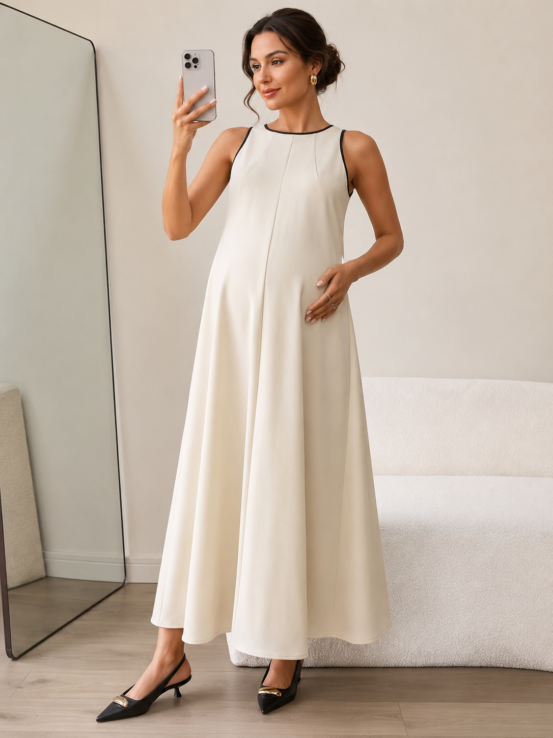 Maternity Summer Sleeveless Tank Maxi Dress – Loose A-Line Flowy Beach Dress with Contrast Trim - Momymoments