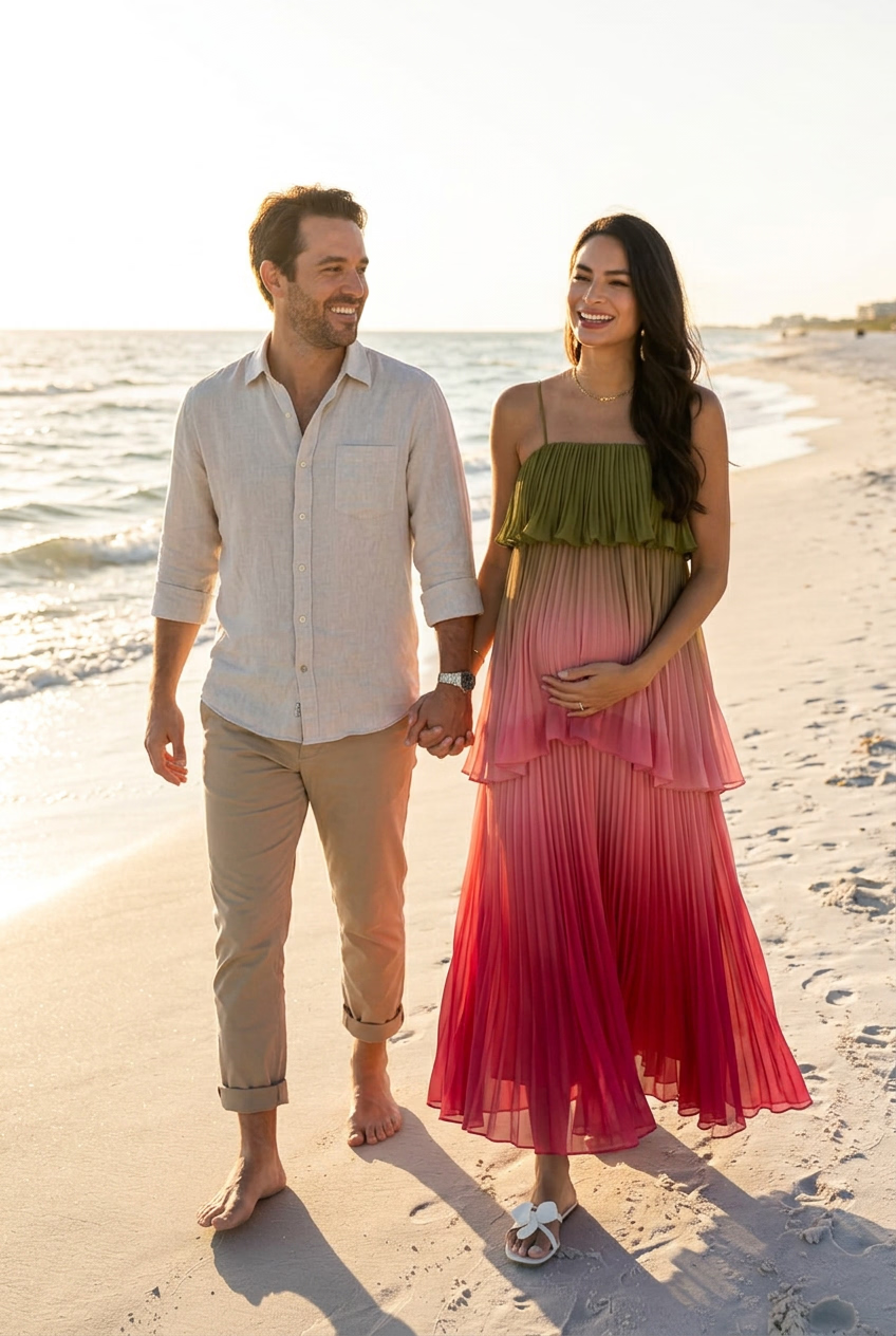 Multicolored Pleated Maternity Maxi Dress – Elegant Spaghetti Strap Tiered Flowy Gown for Photoshoot & Baby Shower