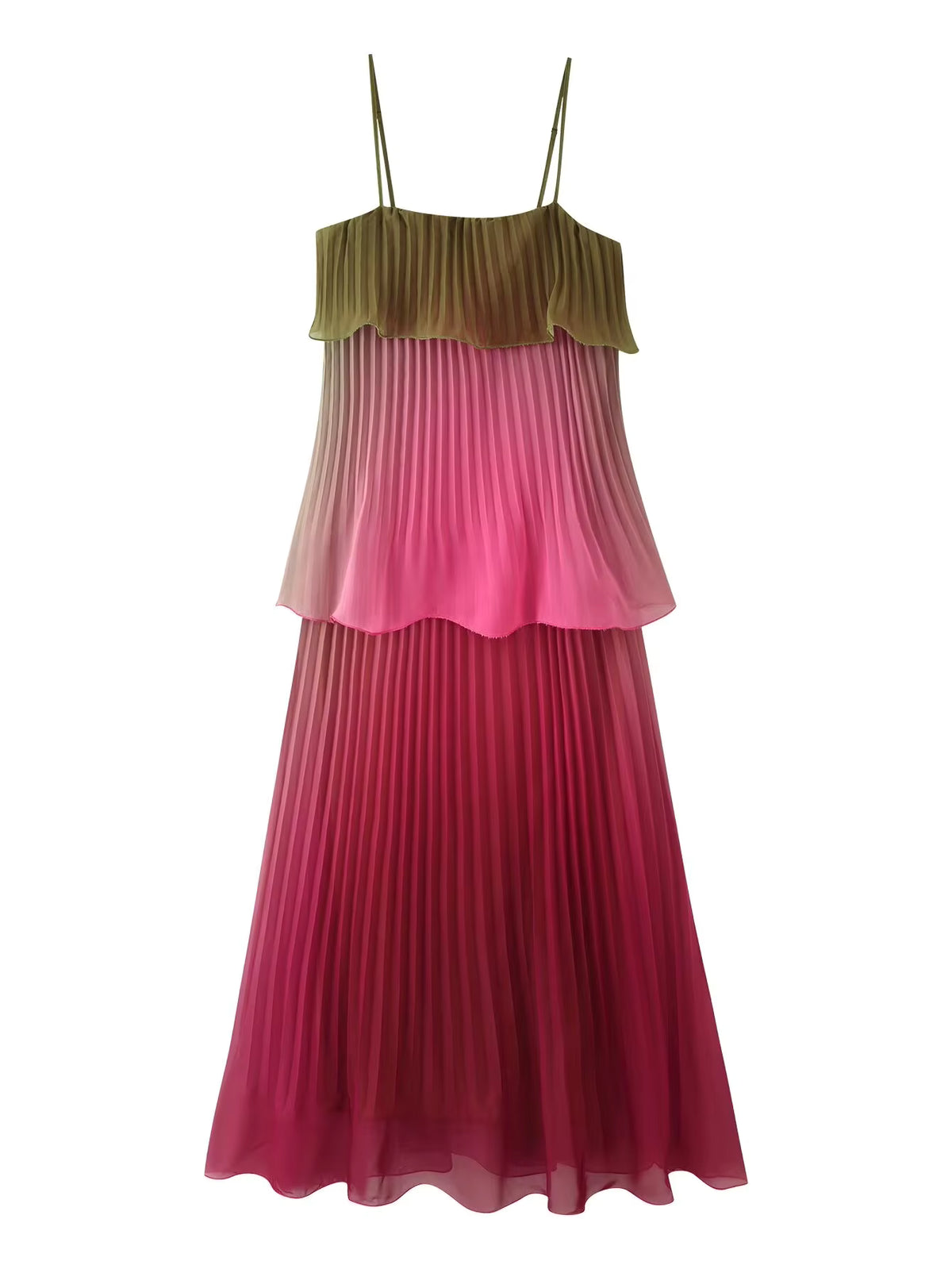 Multicolored Pleated Maternity Maxi Dress – Elegant Spaghetti Strap Tiered Flowy Gown for Photoshoot & Baby Shower