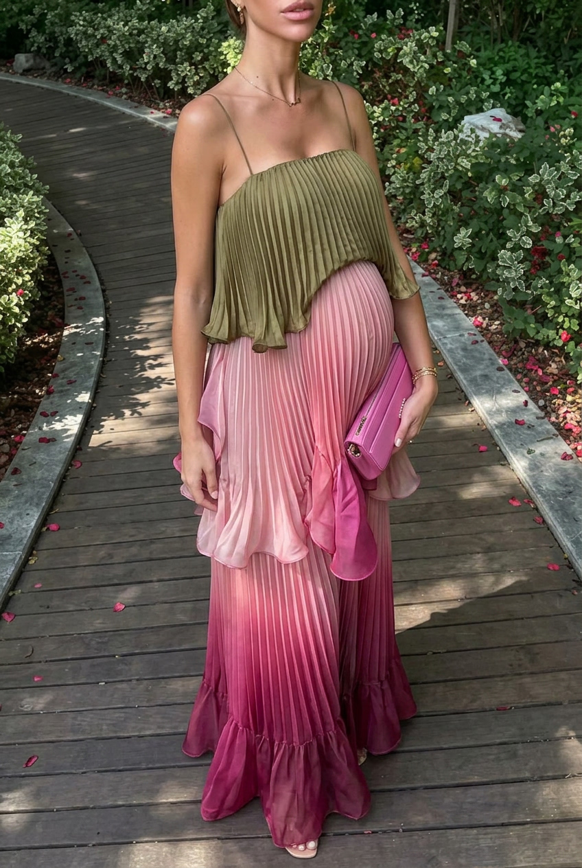 Multicolored Pleated Maternity Maxi Dress – Elegant Spaghetti Strap Tiered Flowy Gown for Photoshoot & Baby Shower