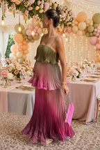 Multicolored Pleated Maternity Maxi Dress – Elegant Spaghetti Strap Tiered Flowy Gown for Photoshoot & Baby Shower