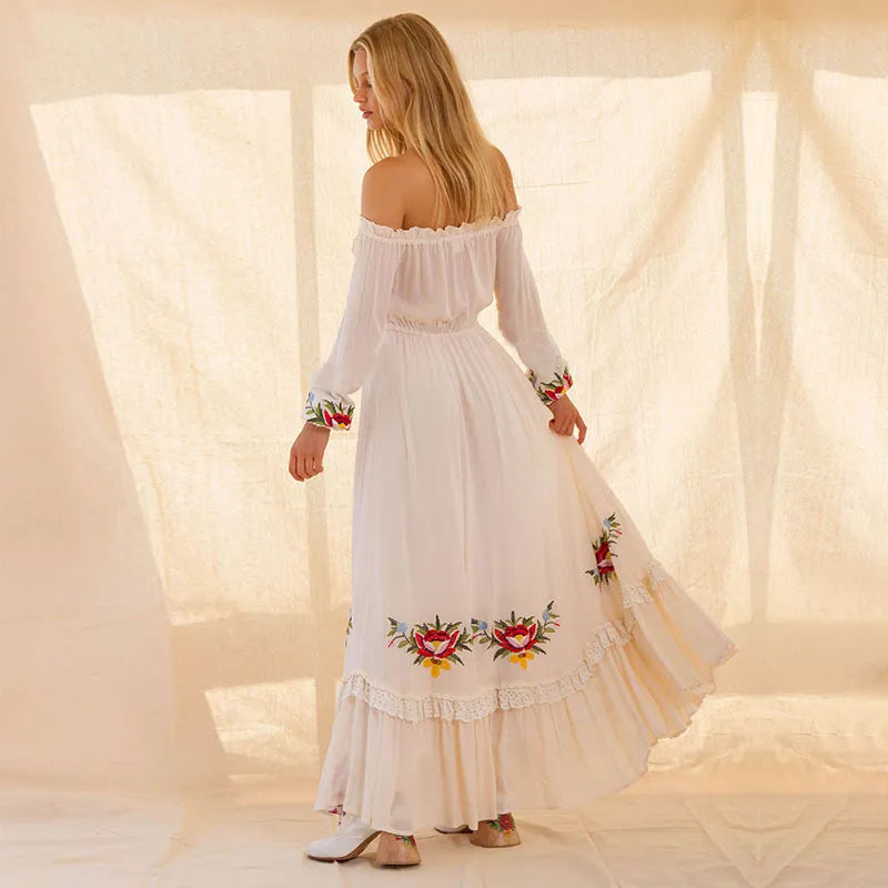Off-Shoulder Vintage Floral Embroidered Maternity Dress for Photoshoot & Baby Shower - Momymoments