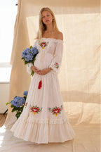 Off-Shoulder Vintage Floral Embroidered Maternity Dress for Photoshoot & Baby Shower - Momymoments