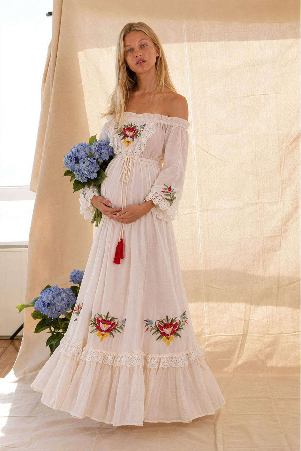 Off-Shoulder Vintage Floral Embroidered Maternity Dress for Photoshoot & Baby Shower - Momymoments