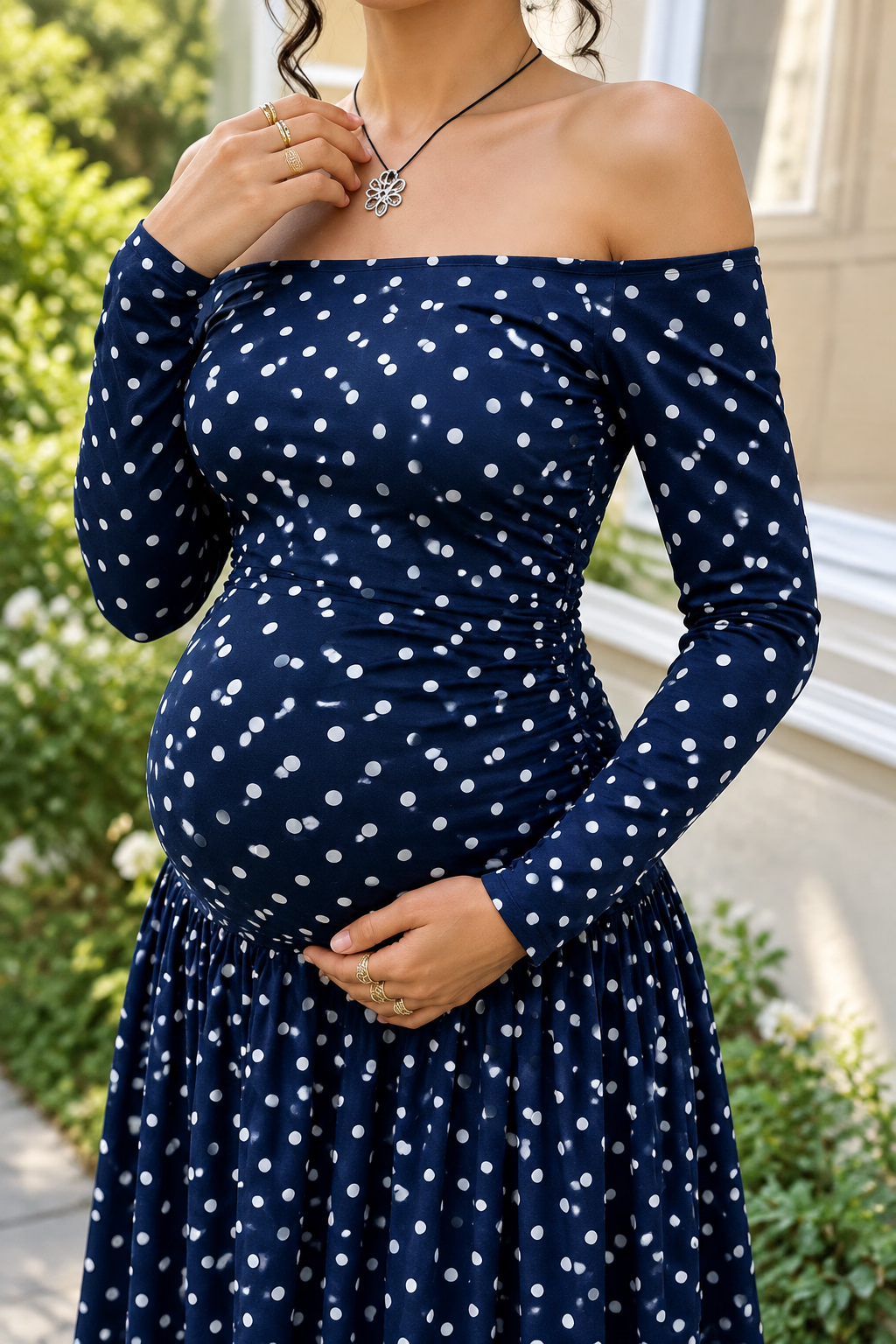 Comfortable Polka Dot Off-the-Shoulder Long Sleeve Maxi Dress Maternity Party & Baby Shower Dress