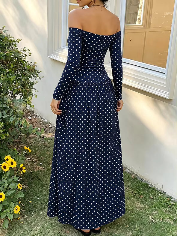 Comfortable Polka Dot Off-the-Shoulder Long Sleeve Maxi Dress Maternity Party & Baby Shower Dress