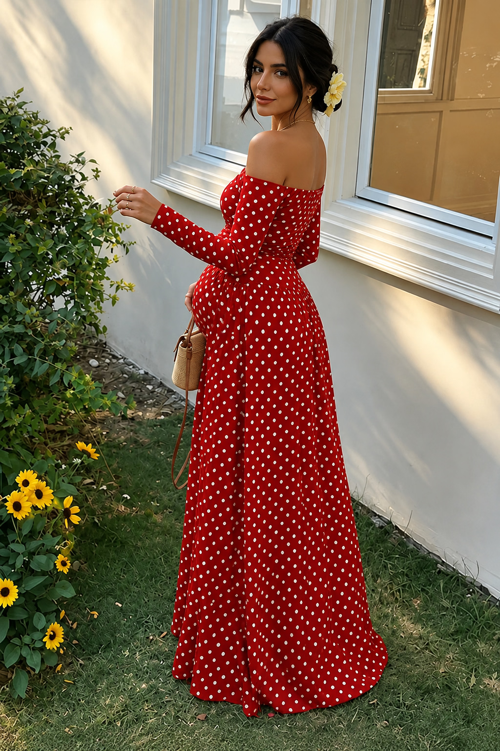 Comfortable Polka Dot Off-the-Shoulder Long Sleeve Maxi Dress Maternity Party & Baby Shower Dress
