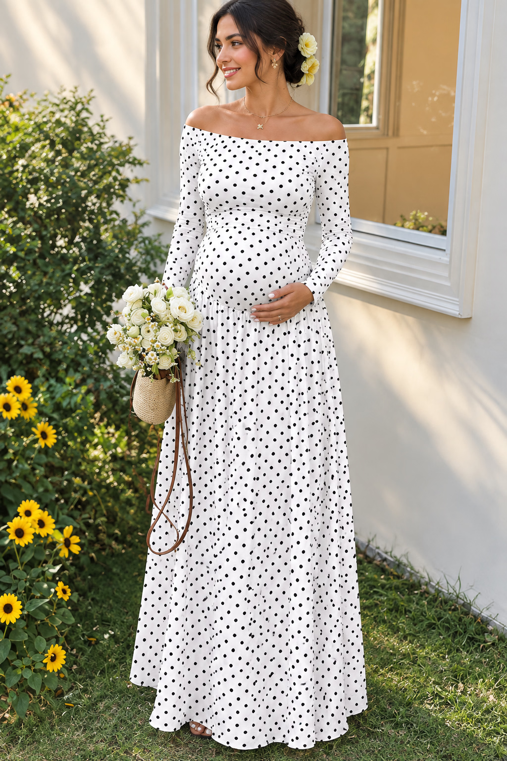 Comfortable Polka Dot Off-the-Shoulder Long Sleeve Maxi Dress Maternity Party & Baby Shower Dress