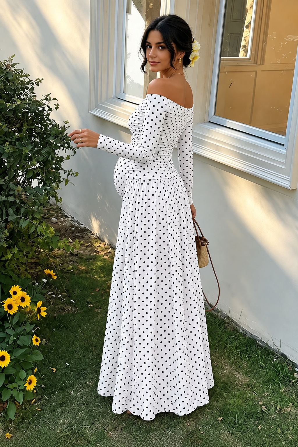 Comfortable Polka Dot Off-the-Shoulder Long Sleeve Maxi Dress Maternity Party & Baby Shower Dress