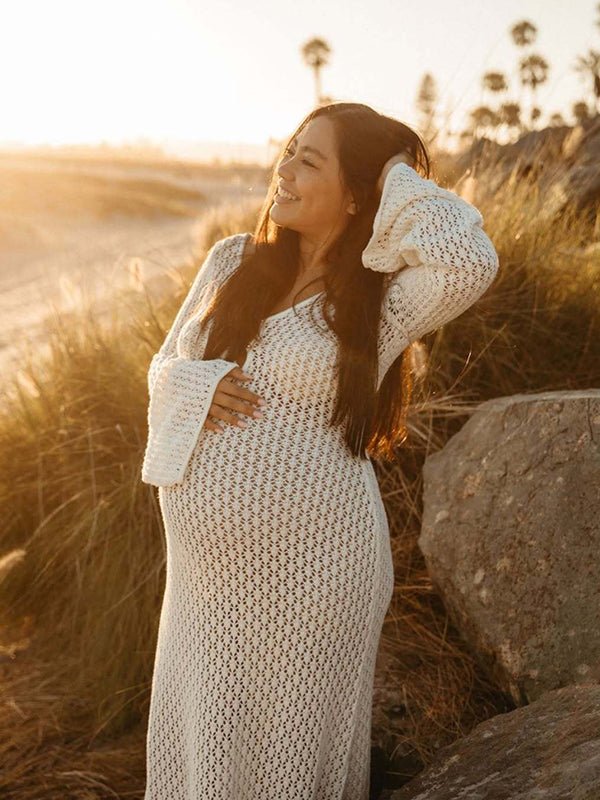 White Cut Out Backless Flare Sleeve Beach Cover Up Photoshoot Western Maternity Maxi Dress for Maternity