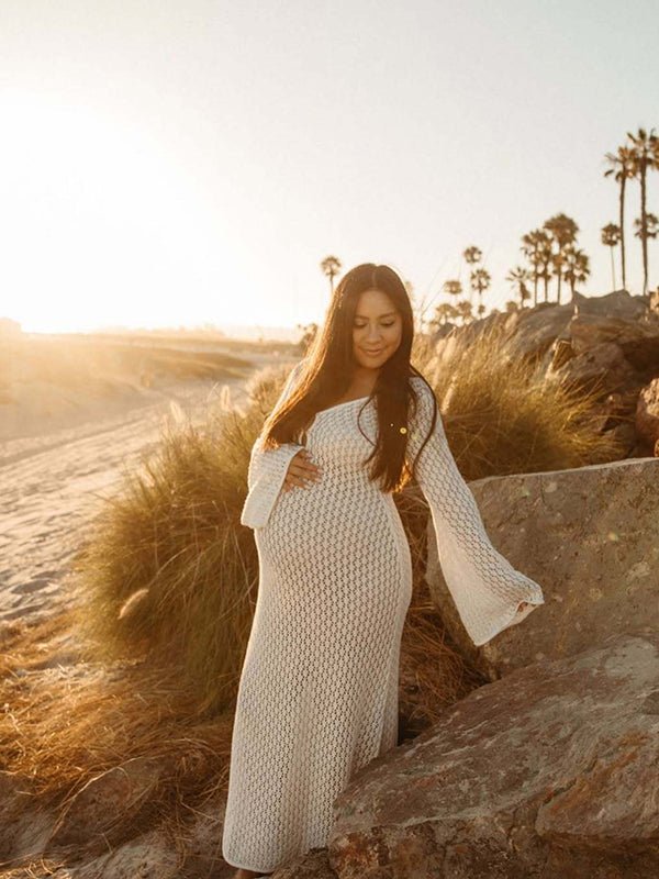 White Cut Out Backless Flare Sleeve Beach Cover Up Photoshoot Western Maternity Maxi Dress for Maternity