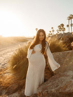 White Cut Out Backless Flare Sleeve Beach Cover Up Photoshoot Western Maternity Maxi Dress for Maternity