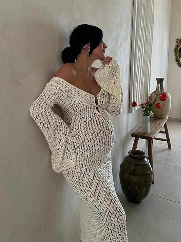White Cut Out Backless Flare Sleeve Beach Cover Up Photoshoot Western Maternity Maxi Dress for Maternity