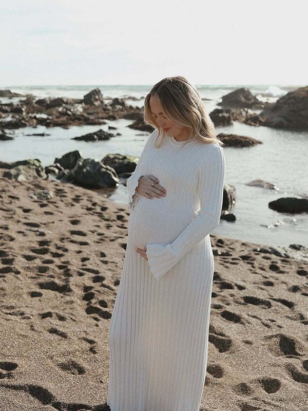 Solid Color Sashes Knit Lace-up High Waist Going Out Photoshoot Maternity Sweater Maxi Dress for Maternity
