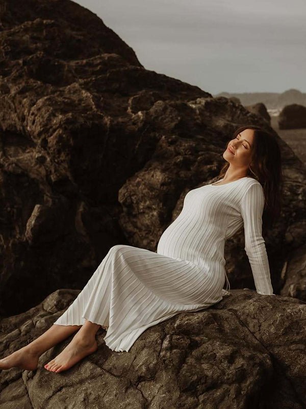 Solid Color Sashes Knit Lace-up High Waist Going Out Photoshoot Maternity Sweater Maxi Dress for Maternity