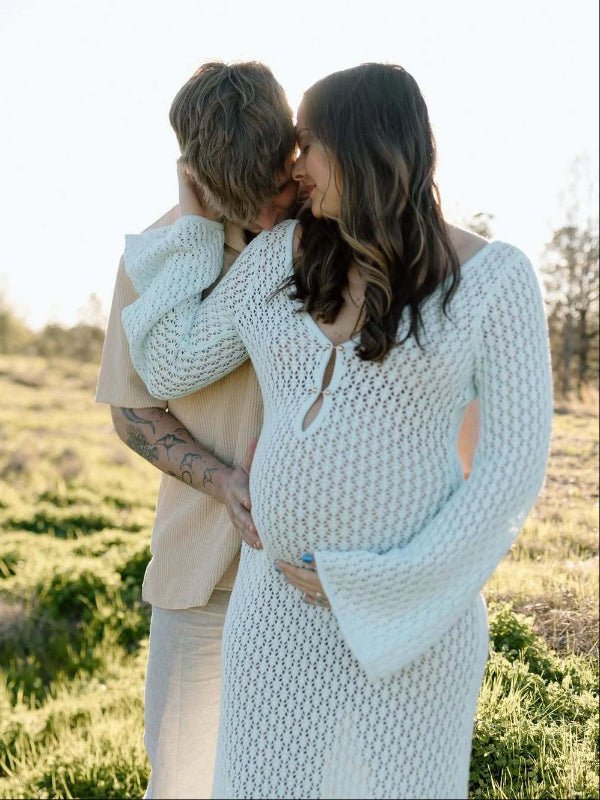 White Cut Out Backless Flare Sleeve Beach Cover Up Photoshoot Western Maternity Maxi Dress for Maternity