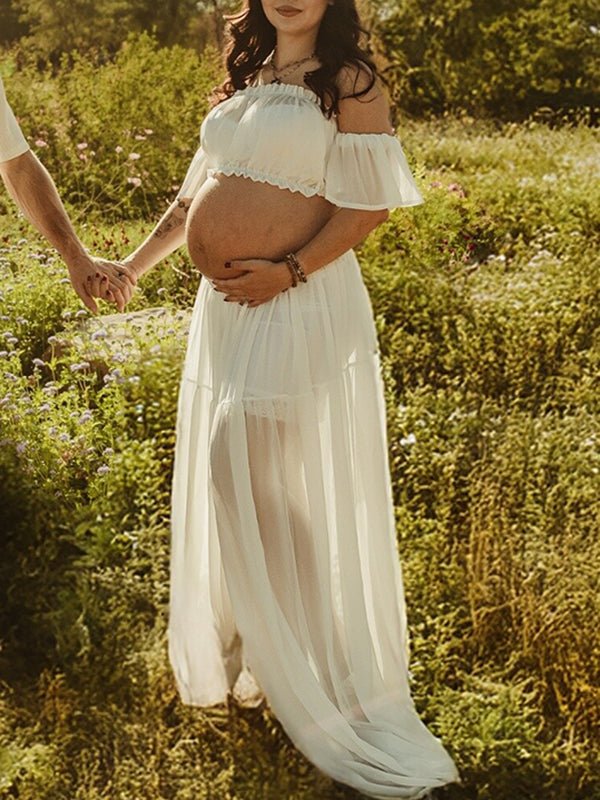 Solid Color Bohemian Off Shoulder Backless Ruffle 2 Piece Set Photoshoot Maternity Maxi Dress for Maternity