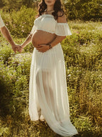Solid Color Bohemian Off Shoulder Backless Ruffle 2 Piece Set Photoshoot Maternity Maxi Dress for Maternity