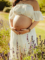 Solid Color Bohemian Off Shoulder Backless Ruffle 2 Piece Set Photoshoot Maternity Maxi Dress for Maternity