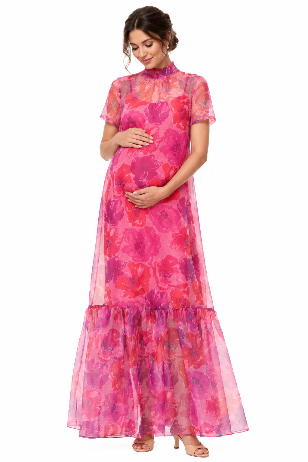 Chic Floral Falbala Backless Bodycon Maternity Maxi Dress for Baby Shower - Momymoments