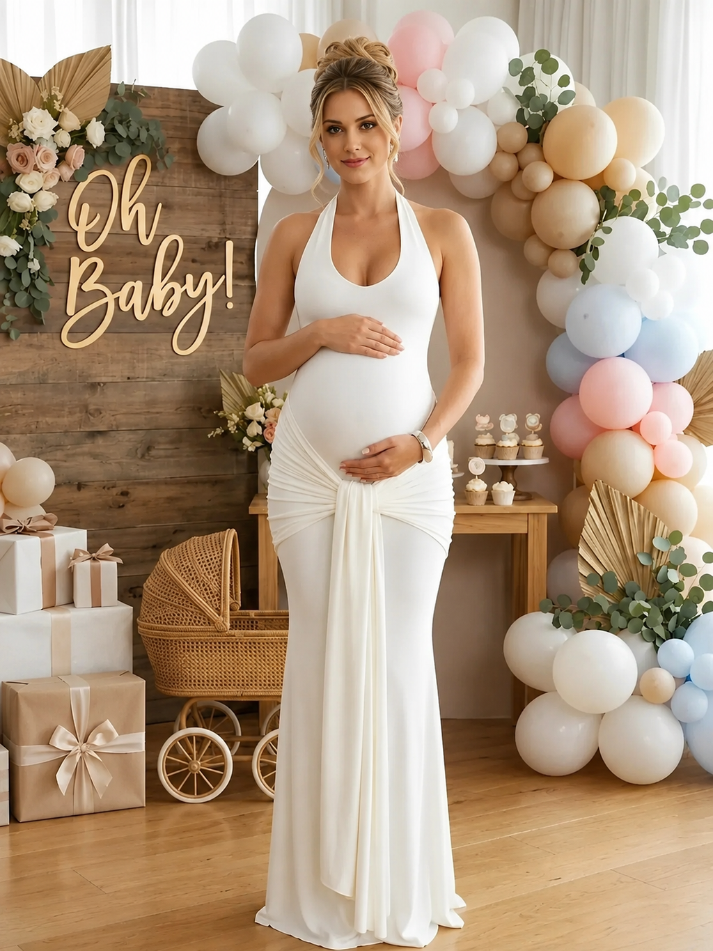 Ruched Halter Bodycon Maternity Maxi Dress With Bow Back for Maternity