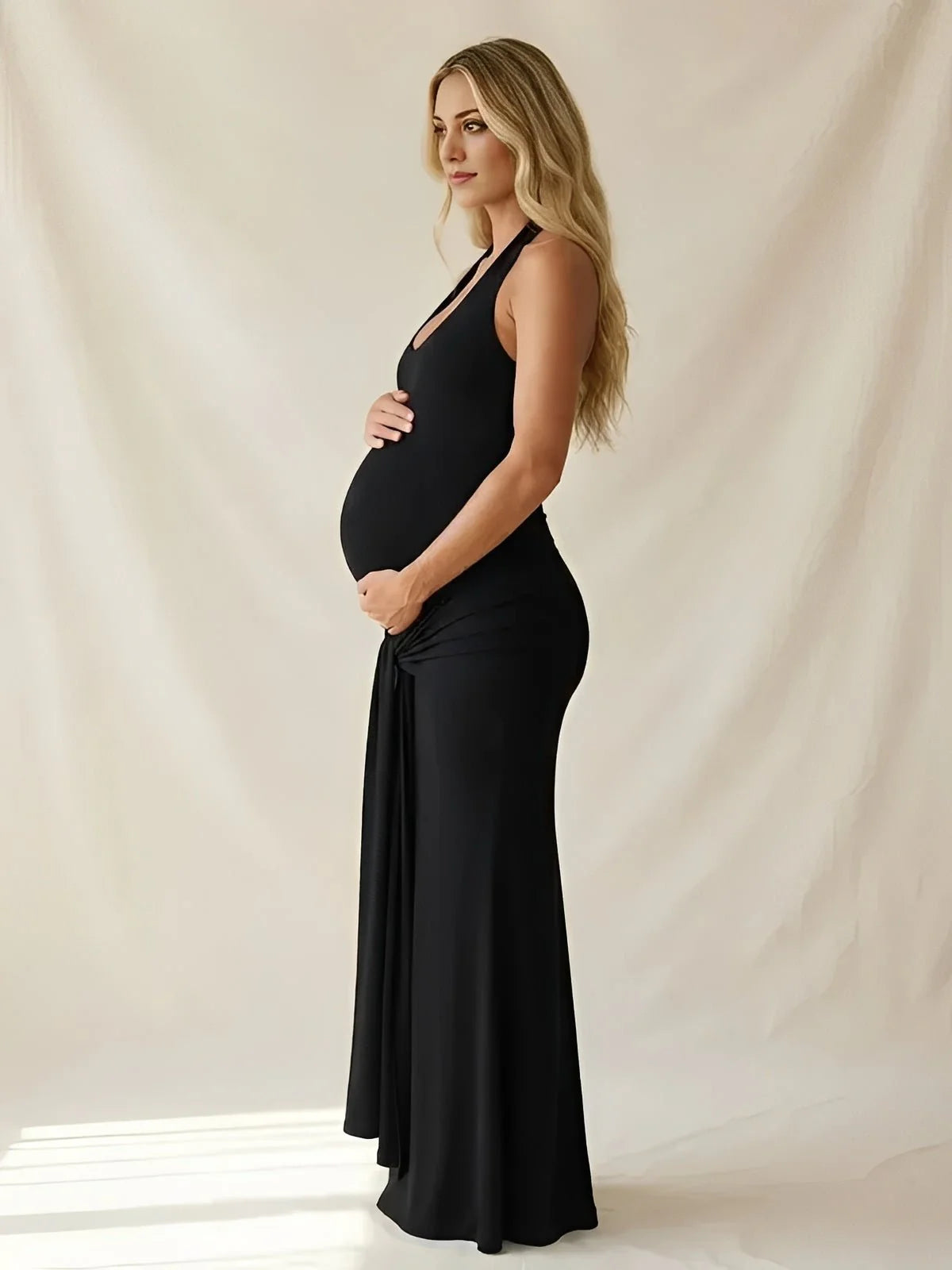Ruched Halter Bodycon Maternity Maxi Dress With Bow Back for Maternity