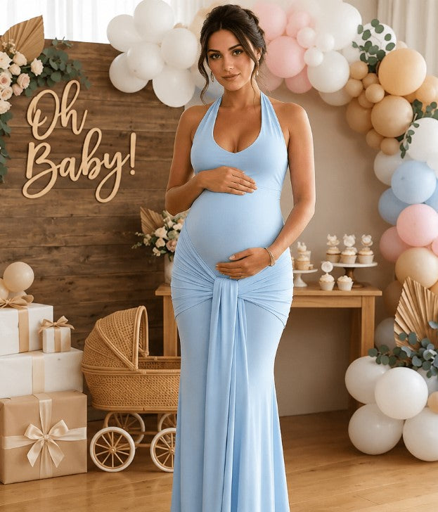 Ruched Halter Bodycon Maternity Maxi Dress With Bow Back for Maternity