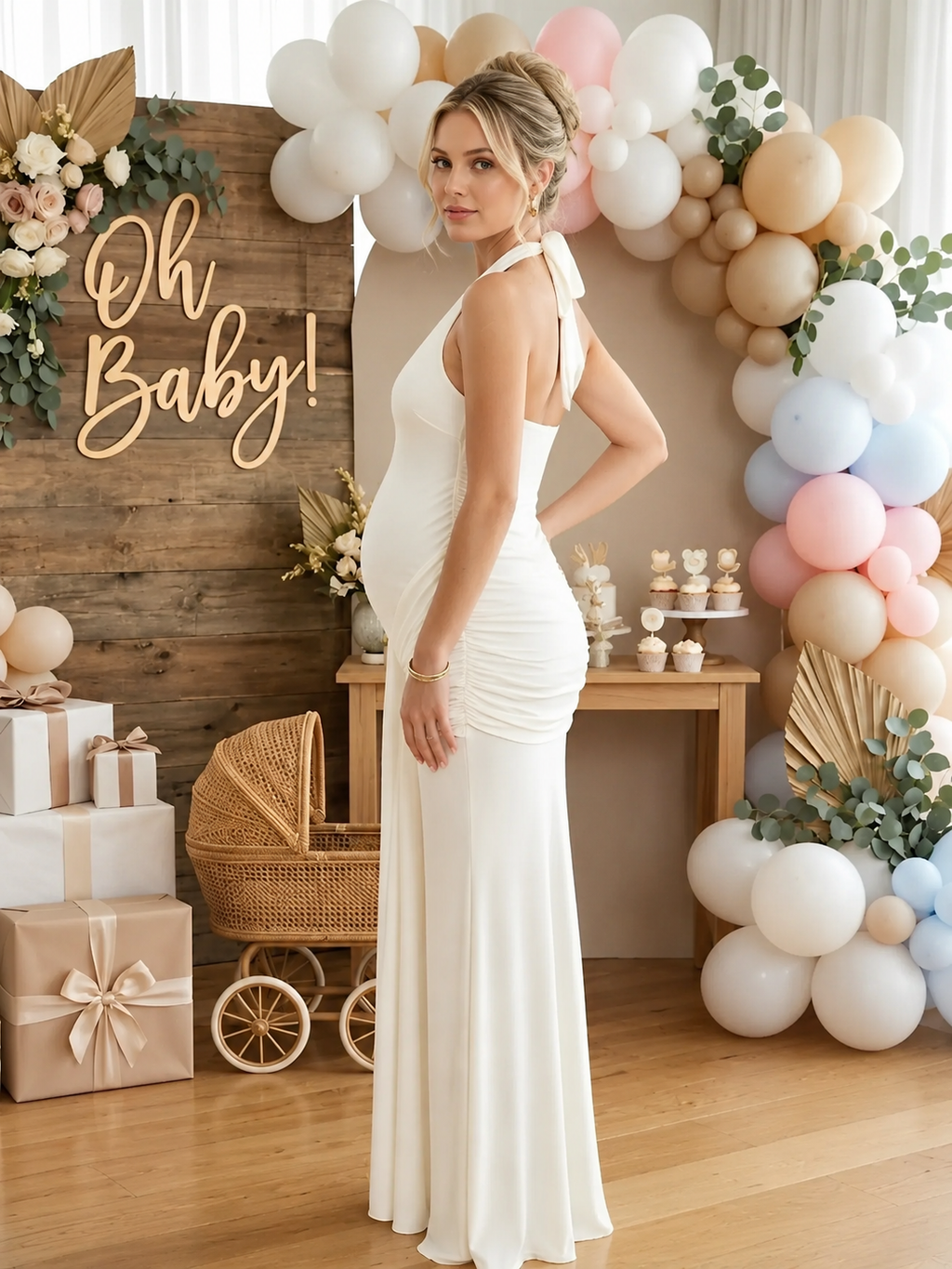 Ruched Halter Bodycon Maternity Maxi Dress With Bow Back for Maternity