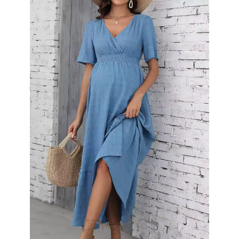 Textured Crinkle Maternity Maxi Dress with Smocked Waist & V-Neck - Momymoments