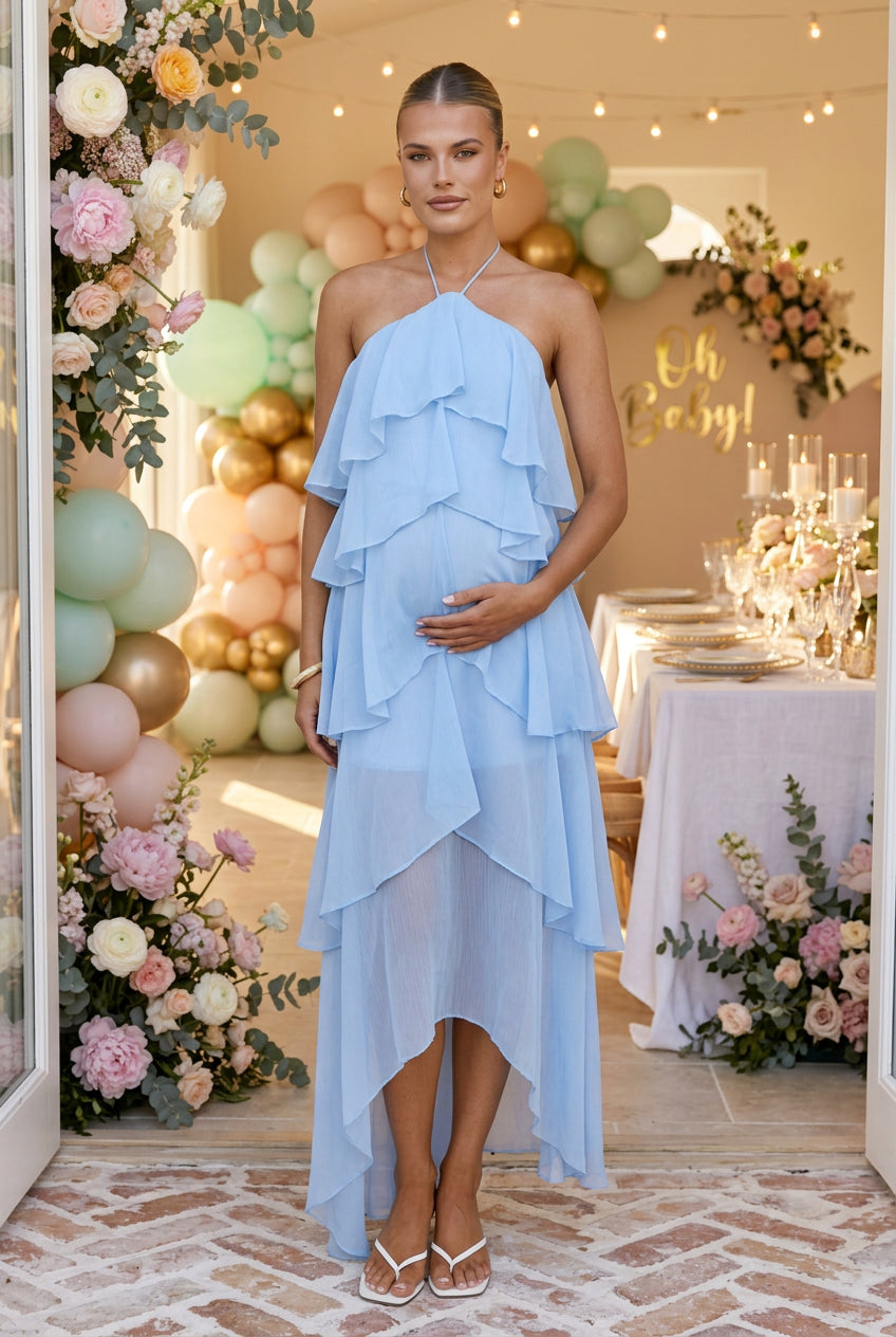 Flowy Chiffon Maternity Photoshoot Dress - Halter Neck Ruffled Tiered Long Maxi Dress - Momymoments