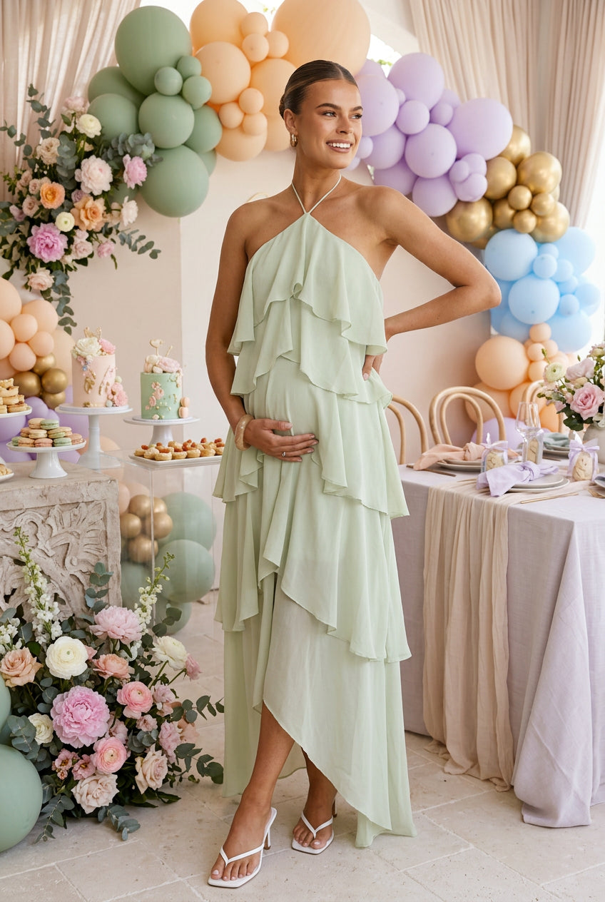 Flowy Chiffon Maternity Photoshoot Dress - Halter Neck Ruffled Tiered Long Maxi Dress - Momymoments