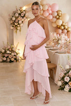 Flowy Chiffon Maternity Photoshoot Dress - Halter Neck Ruffled Tiered Long Maxi Dress - Momymoments