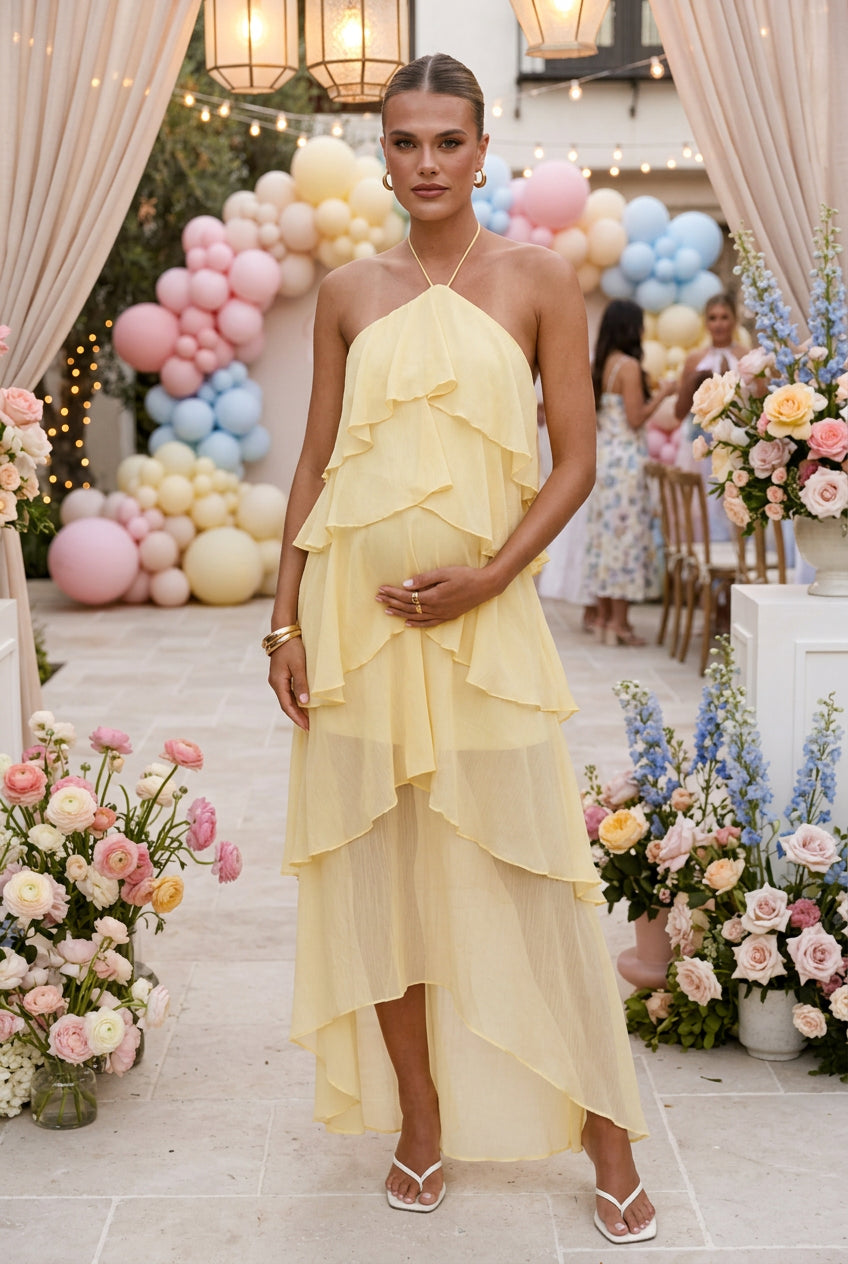 Flowy Chiffon Maternity Photoshoot Dress - Halter Neck Ruffled Tiered Long Maxi Dress - Momymoments