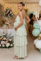 Flowy Chiffon Maternity Photoshoot Dress - Halter Neck Ruffled Tiered Long Maxi Dress - Momymoments