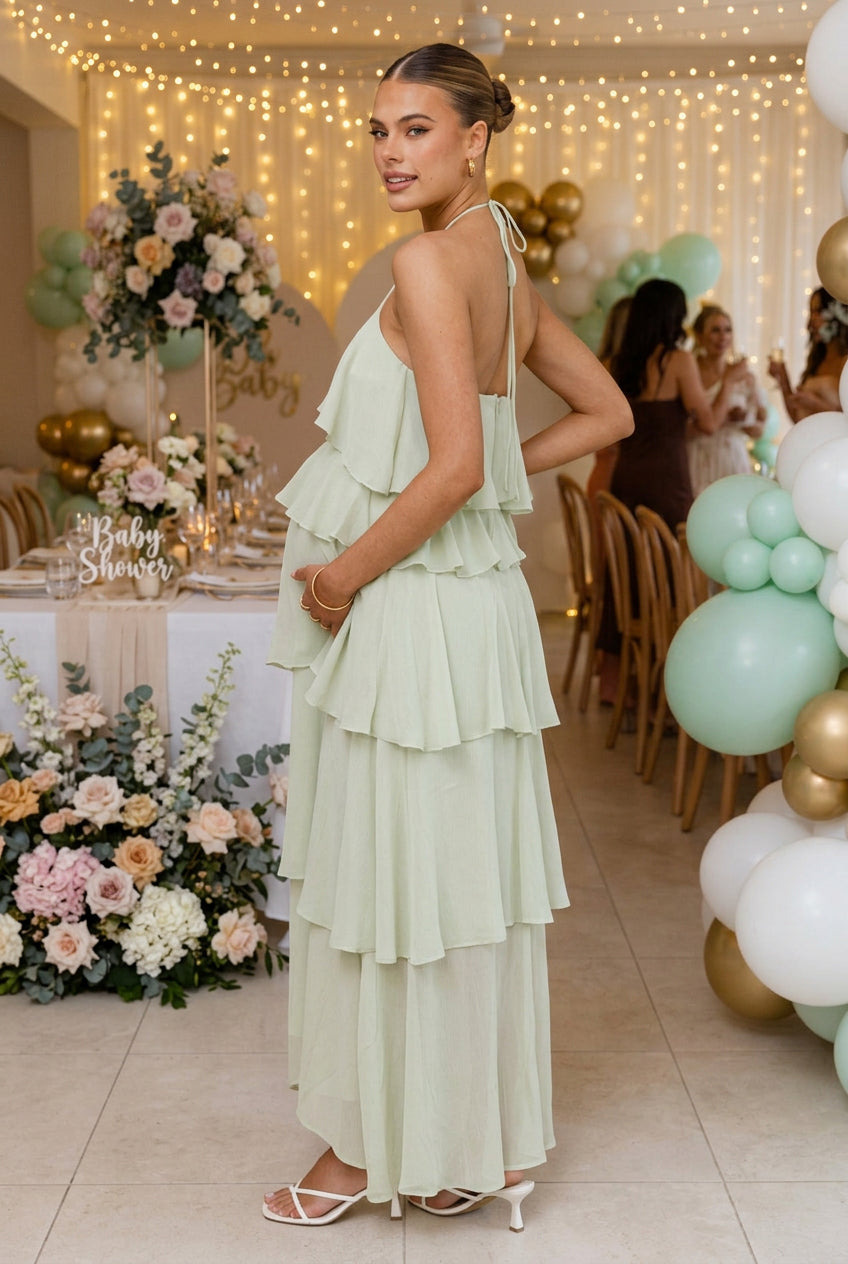 Flowy Chiffon Maternity Photoshoot Dress - Halter Neck Ruffled Tiered Long Maxi Dress - Momymoments