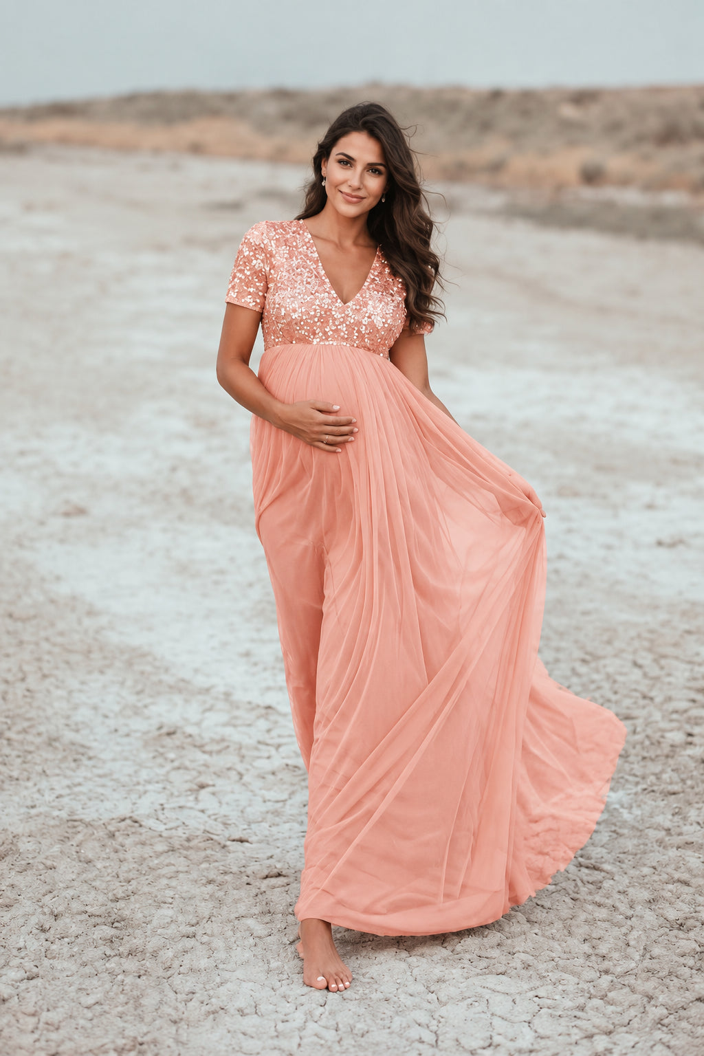 V-Neck Sequin Short Sleeve Maternity Photoshoot Dress - Momymoments