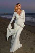 White Lace Ruffle Ruched Draped Big Swing Elegant Maternity Maxi Dress - Momymoments