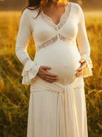 White Lace Ruffle Ruched Draped Big Swing Elegant Maternity Maxi Dress - Momymoments